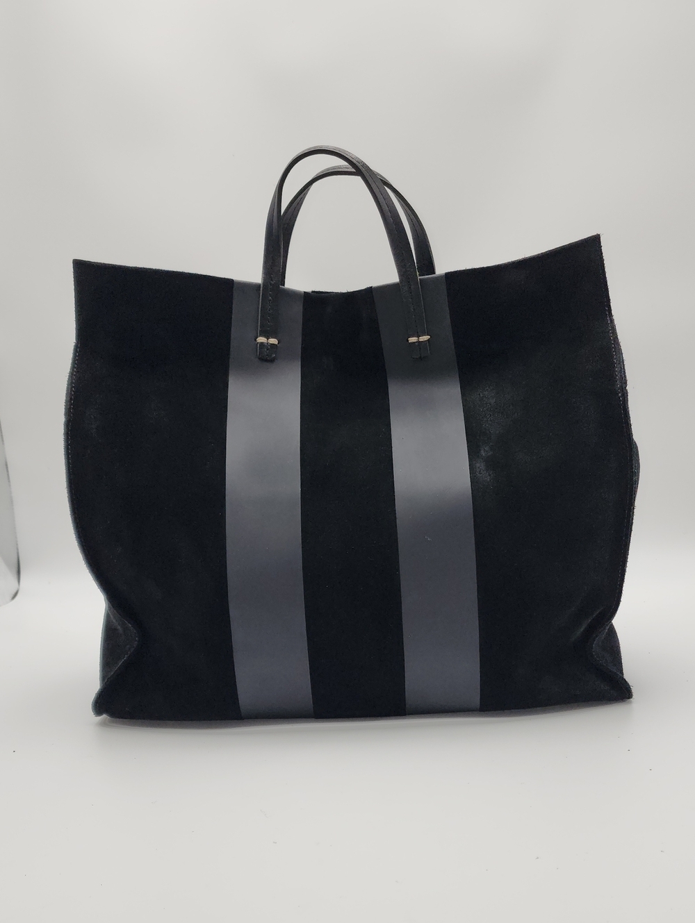 Clare V. Simple Tote in black suede with matte black leather  stripes